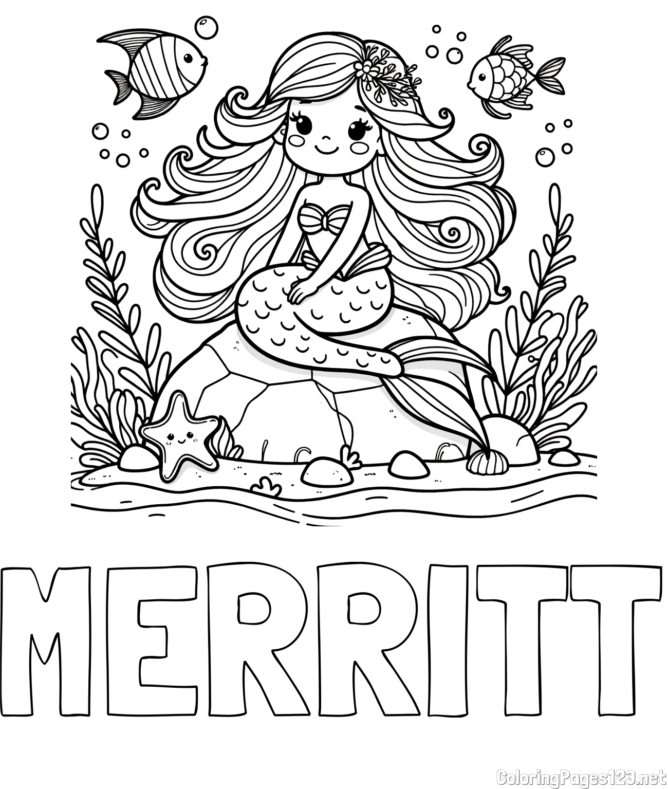 MERRITT Coloring Page and Coloring Page of a Cute Little Mermaid