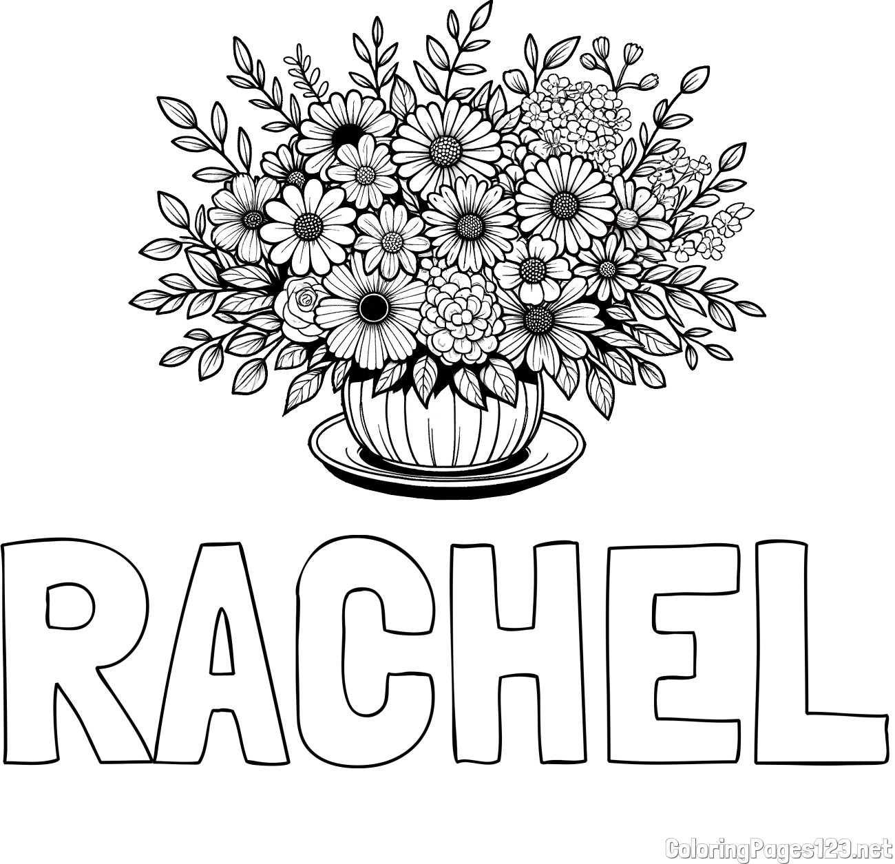 RACHEL Coloring Page and Beautiful Bouquet of Flowers Coloring Page