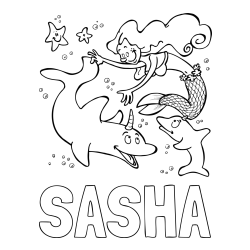 SASHA Coloring Page and Coloring Page of a Mermaid Playing with Dolphins