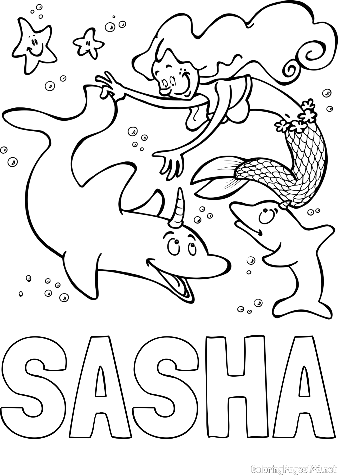 SASHA Coloring Page and Coloring Page of a Mermaid Playing with Dolphins