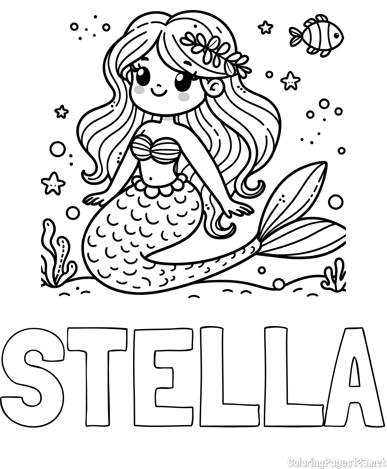 STELLA Coloring Page and Coloring Page of a Cute Mermaid in the Sea
