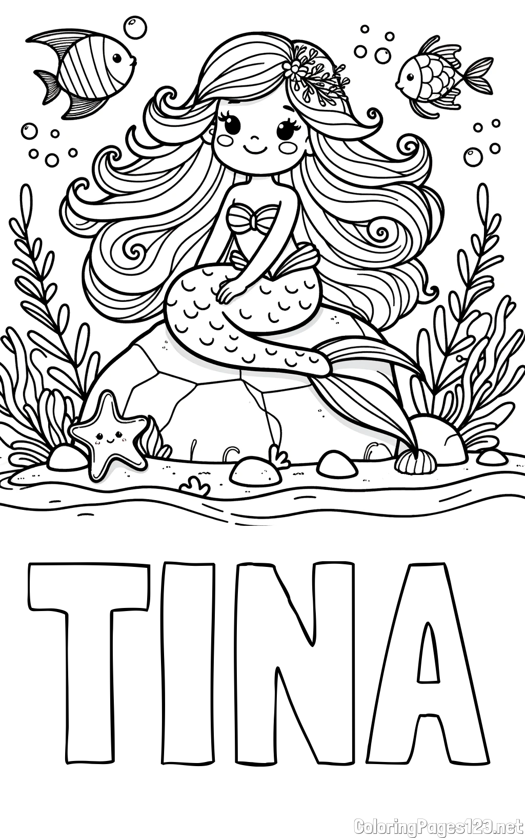 TINA Coloring Page and Coloring Page of a Cute Little Mermaid