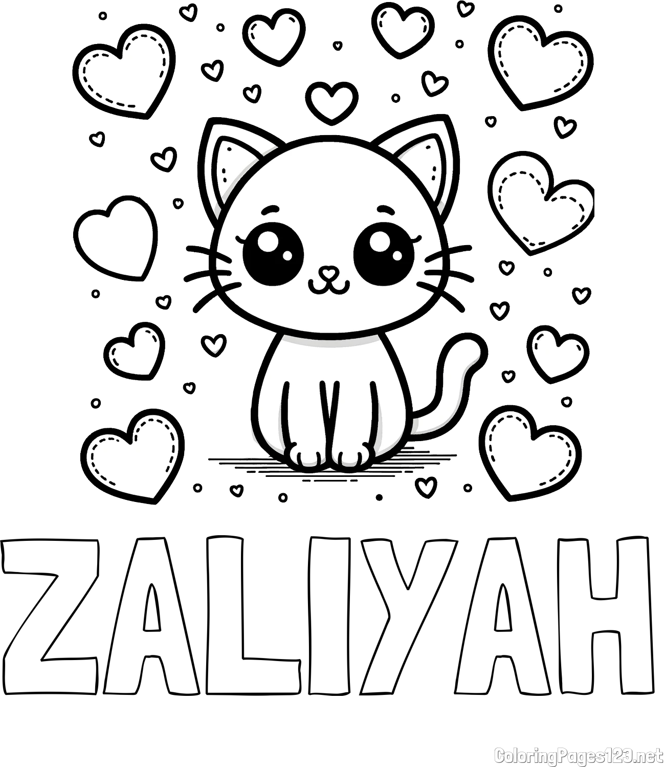 ZALIYAH Coloring Page and Free Coloring Page of a Cat and Hearts