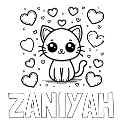 ZANIYAH Coloring Page and Free Coloring Page of a Cat and Hearts