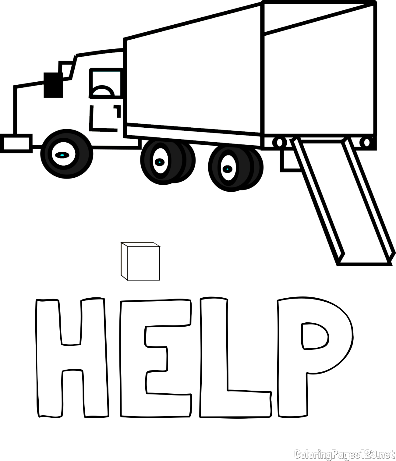 HELP Coloring Page and Kids' Truck Coloring Page with Open Trailer