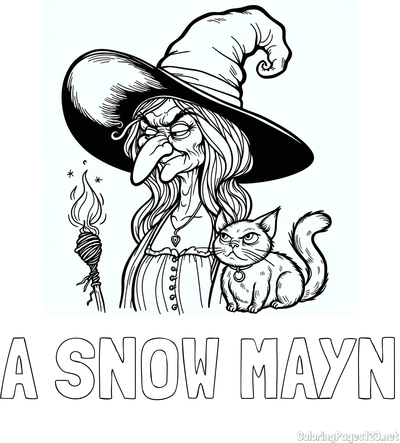 A SNOW MAYN Coloring Page and Coloring Page of an Evil Old Witch and a Cat