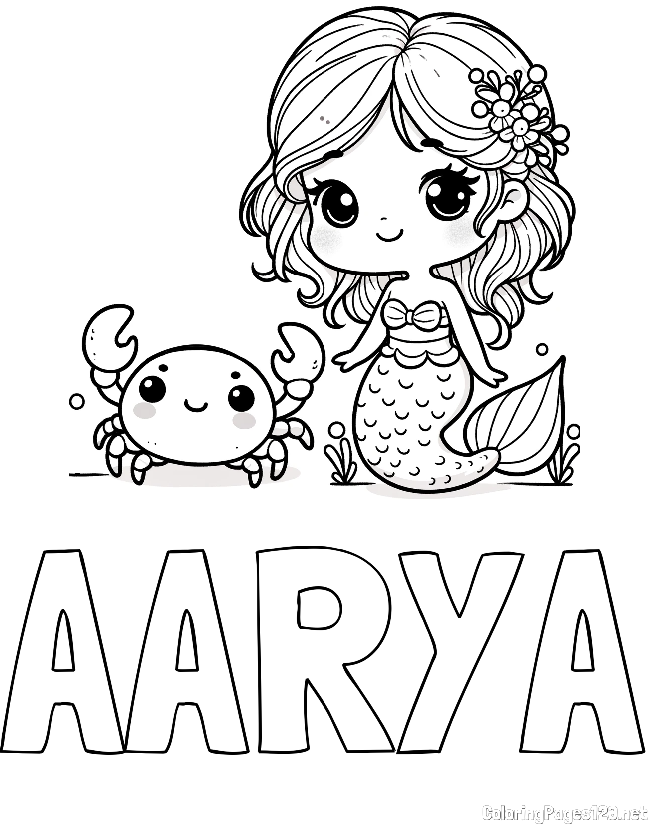 AARYA Coloring Page and Coloring Page of a Cute Mermaid and a Cheerful Crab