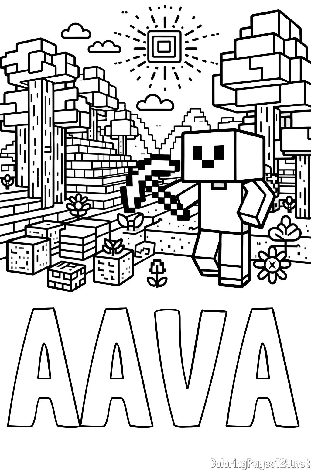 AAVA Coloring Page and Minecraft World Coloring Page