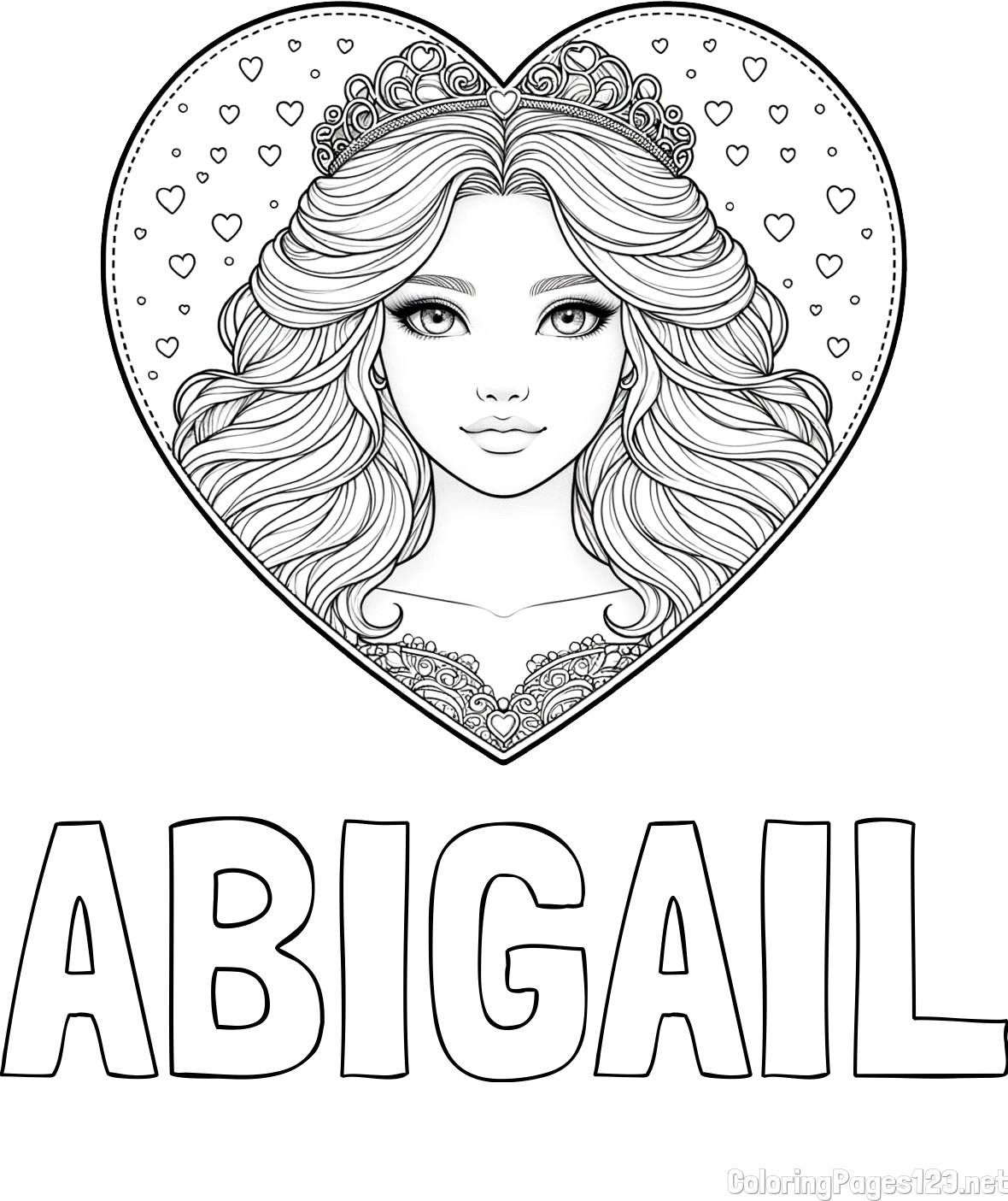 ABIGAIL Coloring Page alongside Coloring Page of a Princess in a Heart