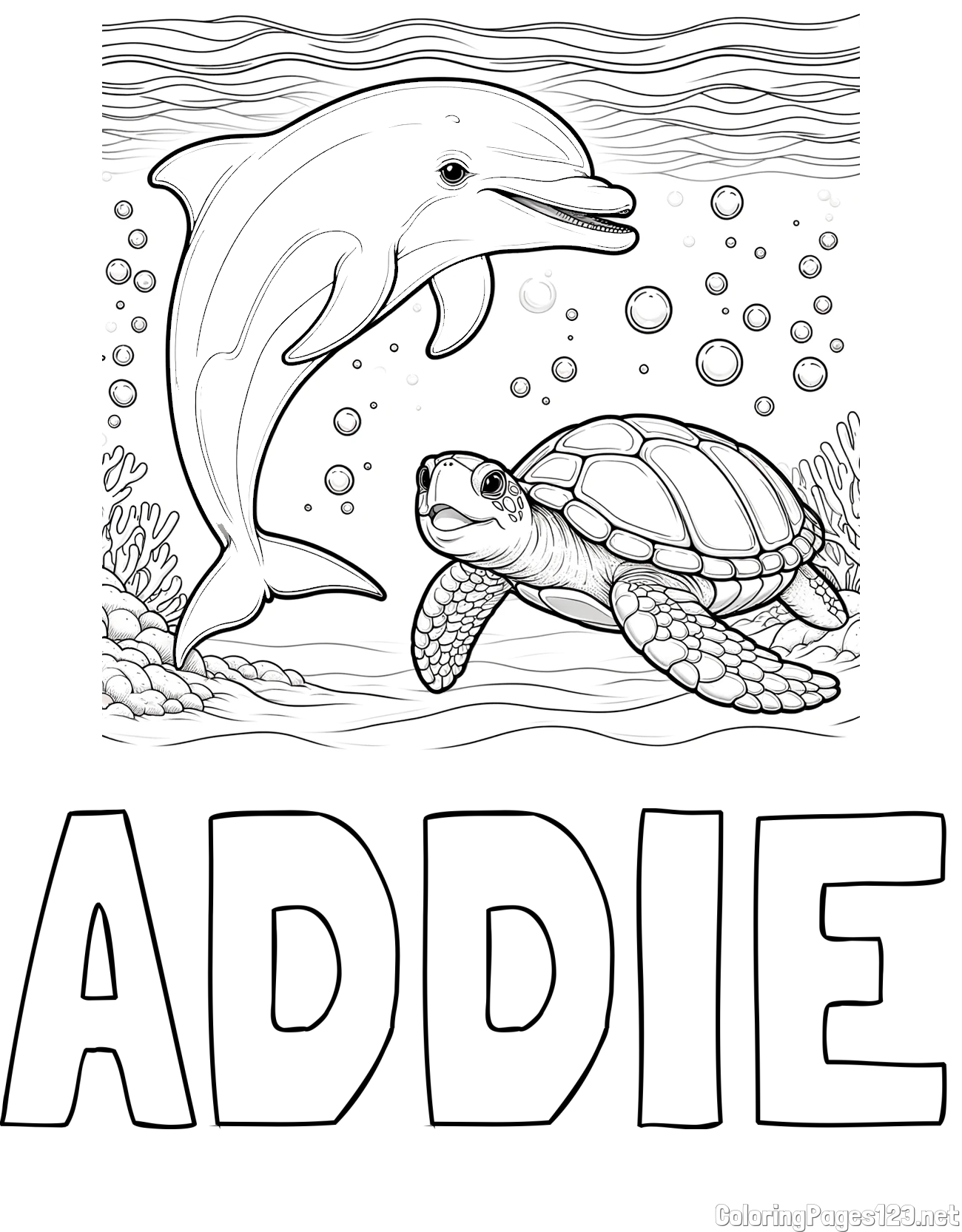 ADDIE Coloring Page and Coloring Book of a Cute Dolphin and Its Turtle Friend"