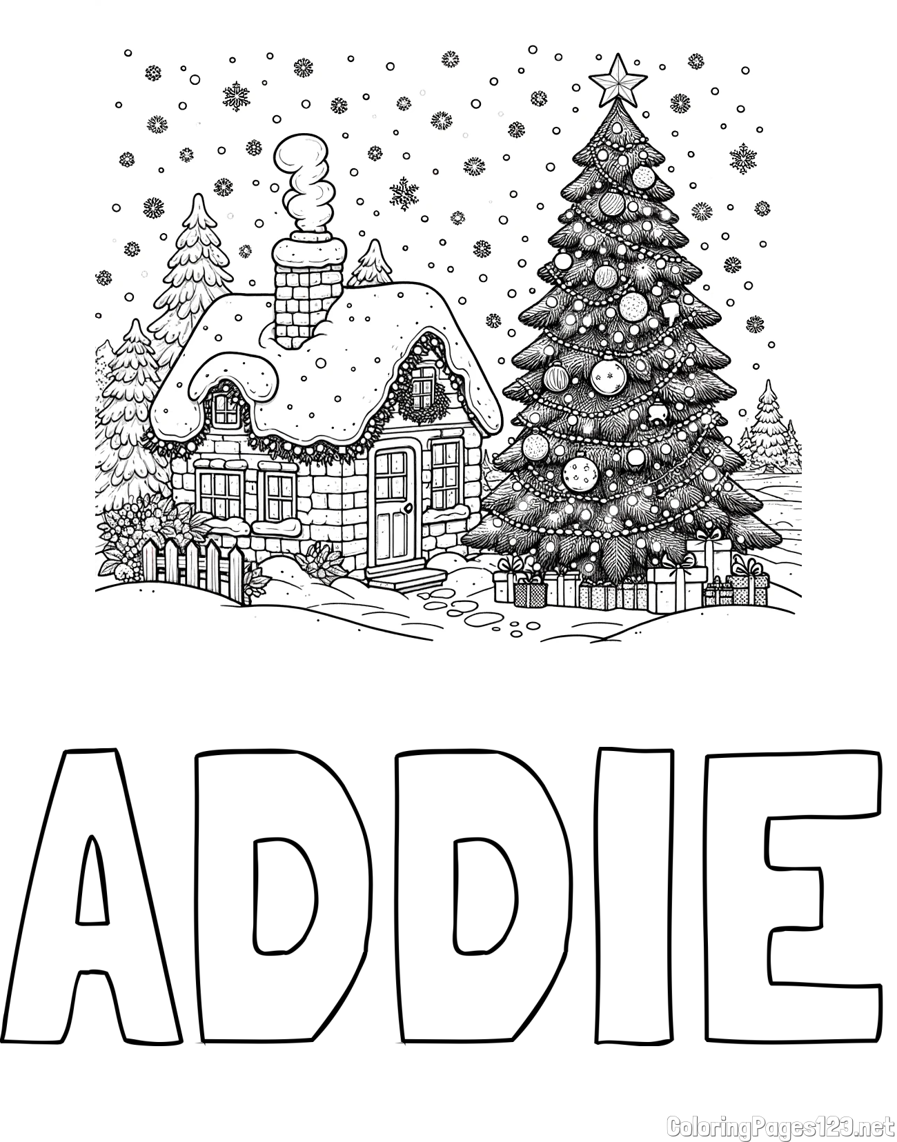 ADDIE Coloring Page and Coloring Page of a Snowy Landscape with a House and a Christmas Tree