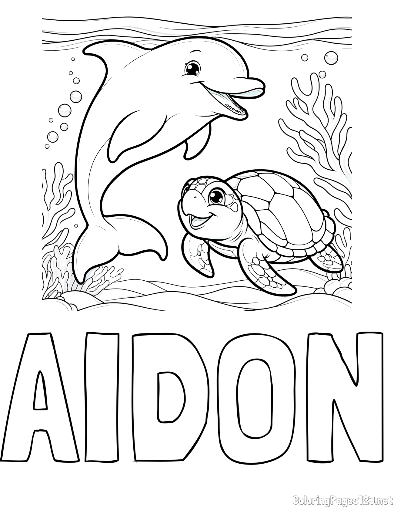 AIDON Coloring Page and Coloring Book of a Cute Dolphin with a Turtle in the Sea