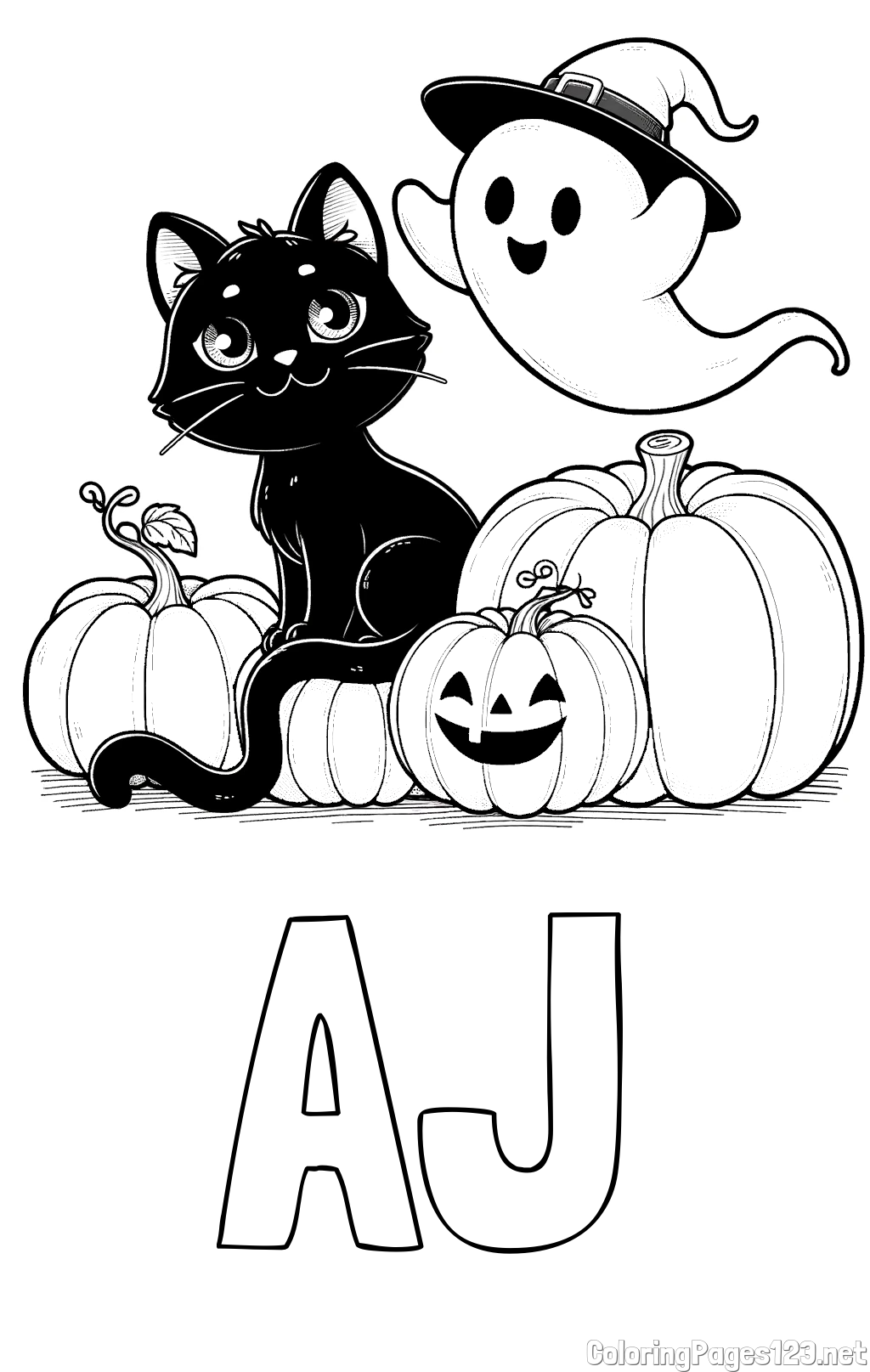 AJ Coloring Page and Halloween Pumpkin Coloring Page for Kids - Happy Cat, Ghost, and Pumpkins