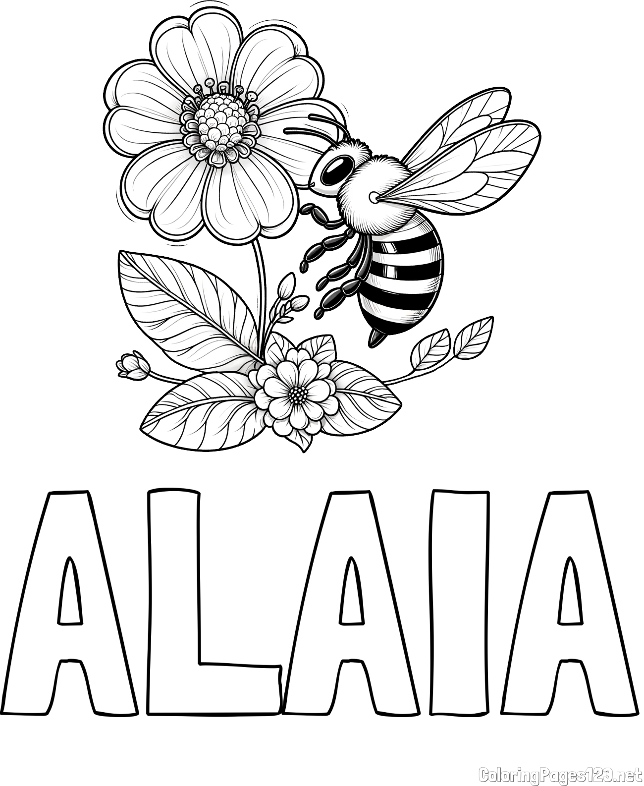 ALAIA Coloring Page and Children's Coloring Book of a Little Bee and Flowers