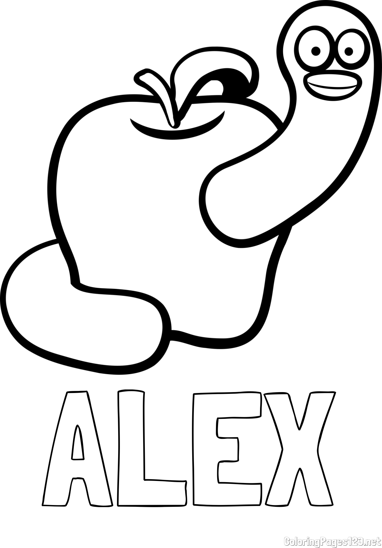 ALEX Coloring Page and Apple and Smiling Worm Coloring Page