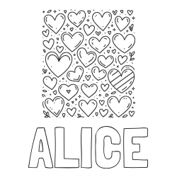 ALICE Coloring Page alongside Children's Coloring Page of Many Hearts