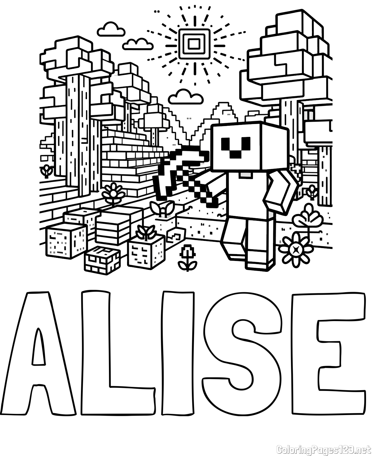 ALISE Coloring Page and Minecraft World Coloring Page