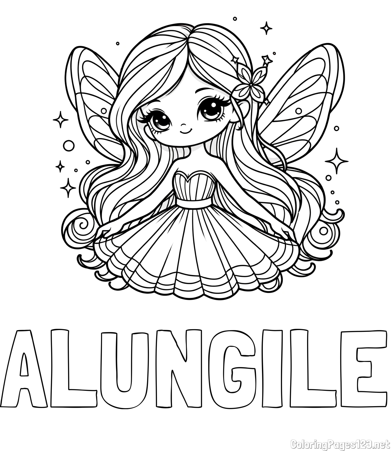 ALUNGILE Coloring Page and Coloring Page of a Cute and Smiling Magical Fairy