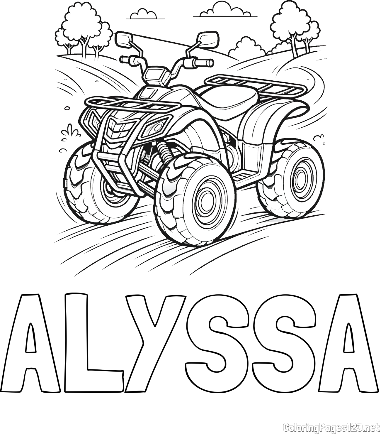 ALYSSA Coloring Page and Four-Wheeler in Nature Coloring Page