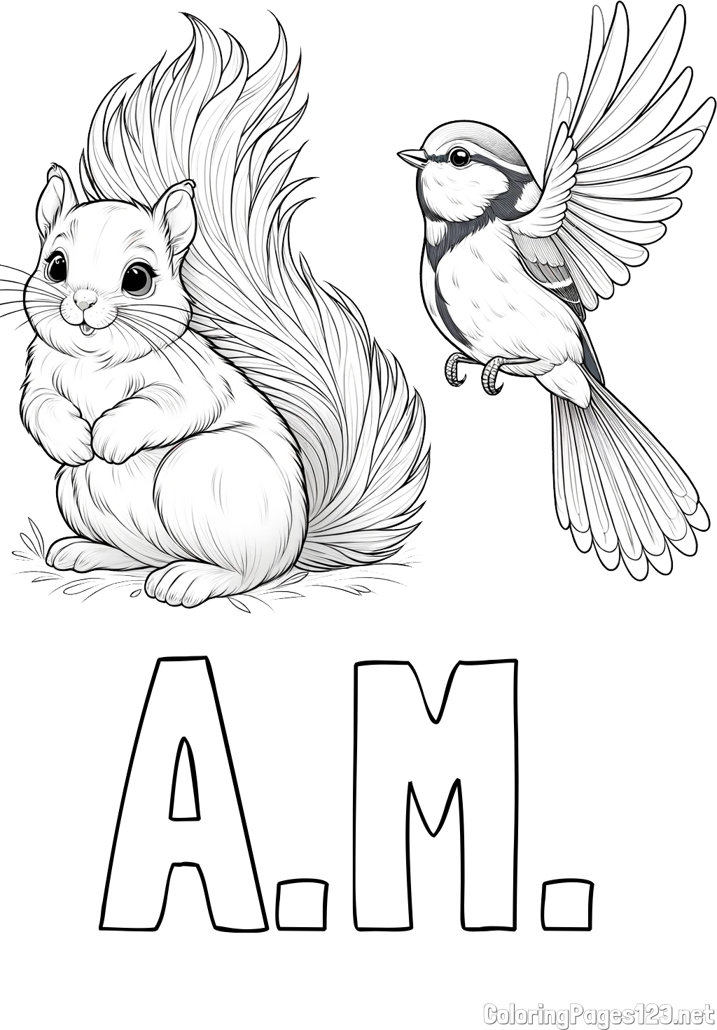 A.M. Coloring Page and Coloring Page of a Squirrel and a Bird