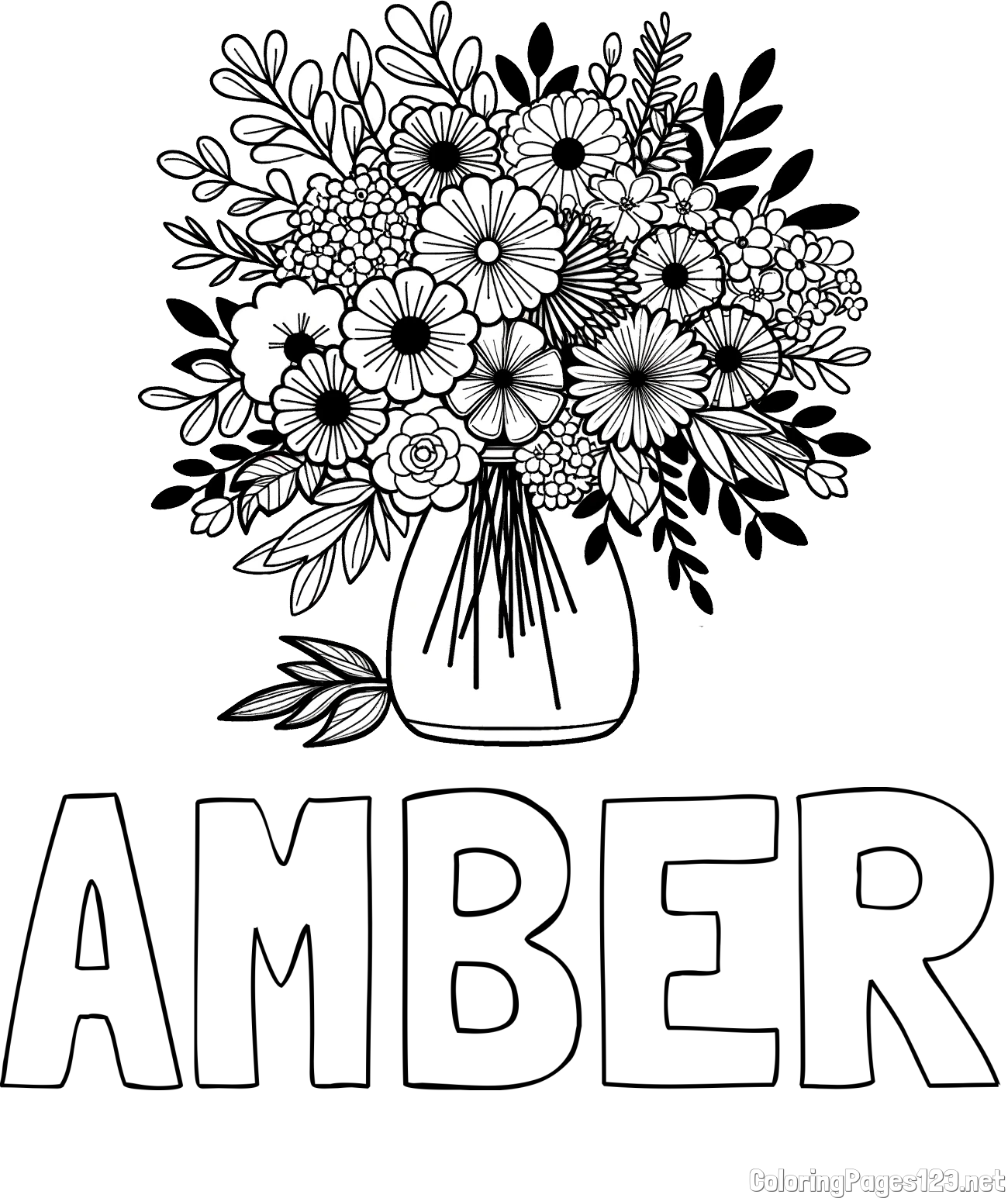 AMBER Coloring Page and Flower Bouquet Coloring Page