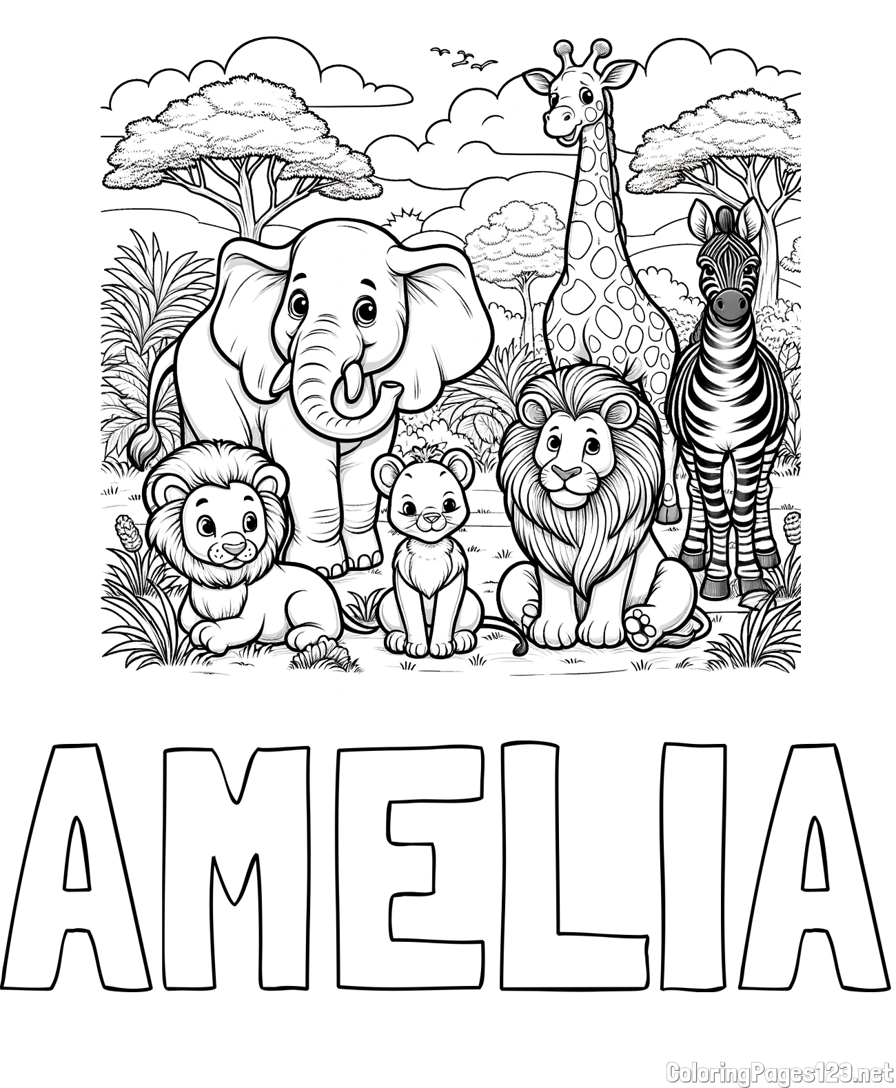 AMELIA Coloring Page and Beautiful Animal Coloring Page - Lion Family, Elephant, Giraffe, and Zebra