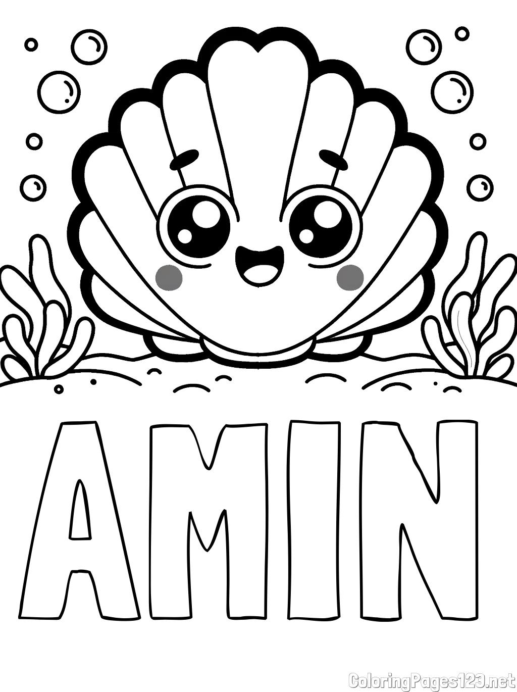 AMIN Coloring Page and Smiling Seashell Coloring Page for Kids