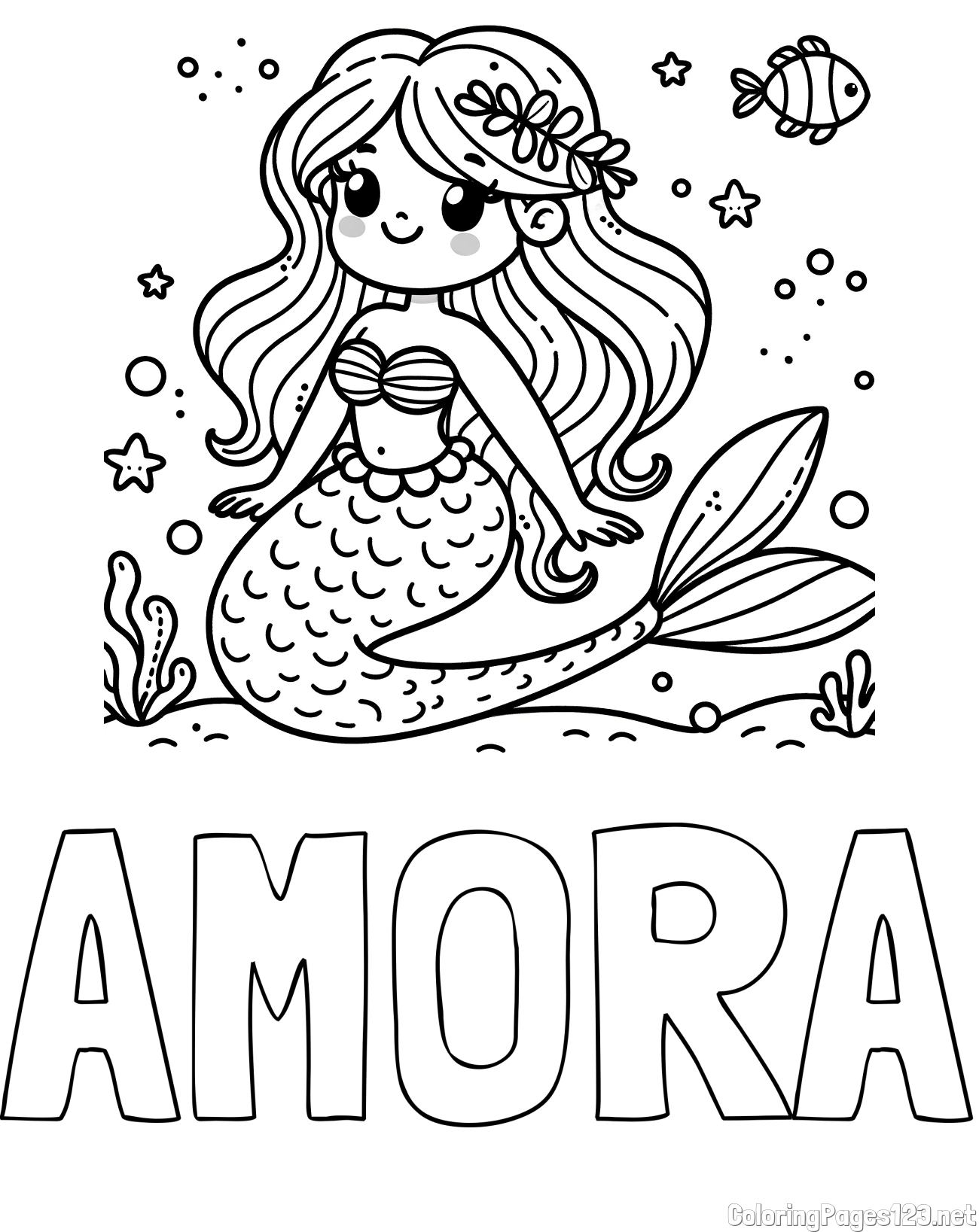 AMORA Coloring Page and Coloring Page of a Cute Mermaid in the Sea
