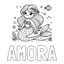 Online Created Coloring Page - AMORA Coloring Page and Coloring Page of a Cute Mermaid in the Sea