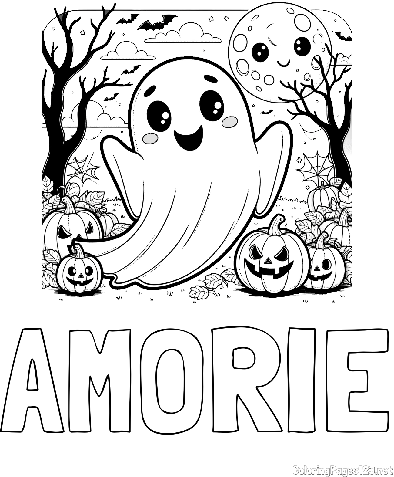 AMORIE Coloring Page and Halloween Coloring Page of a Ghost with Pumpkins
