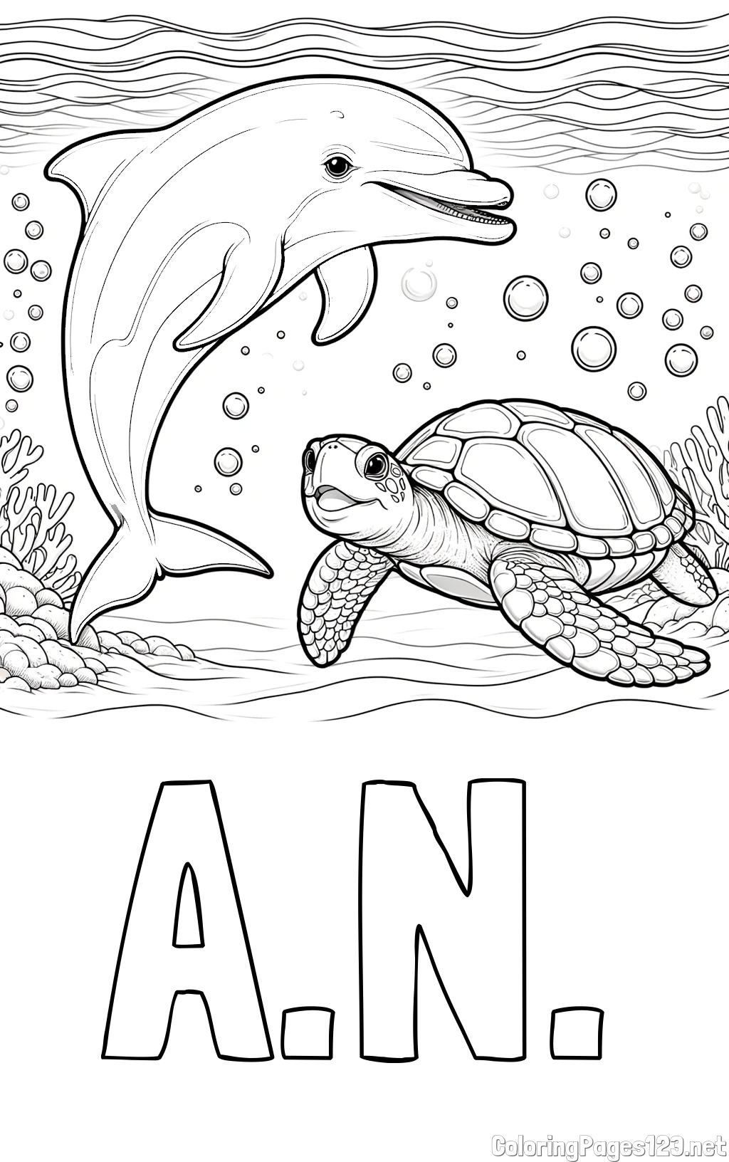 A.N. Coloring Page and Coloring Book of a Cute Dolphin and Its Turtle Friend"