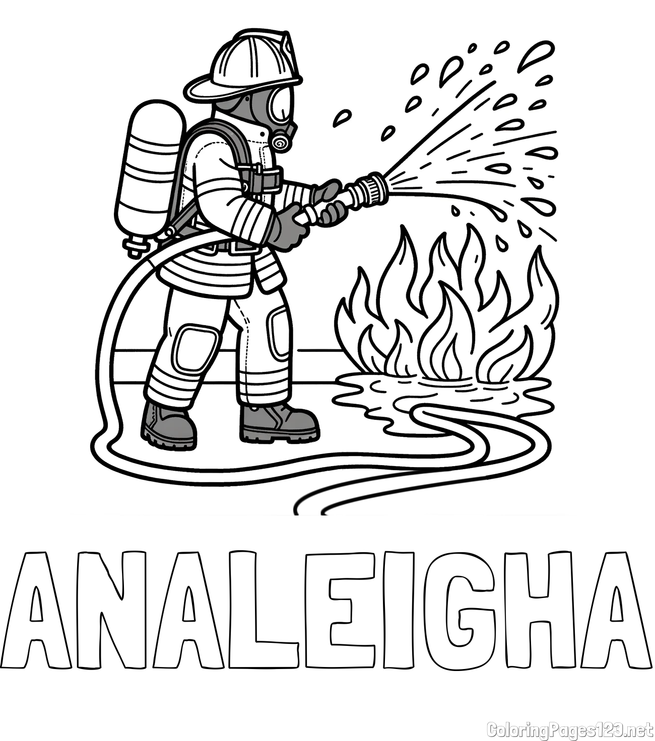 ANALEIGHA Coloring Page and A coloring page of a firefighter and a big fire