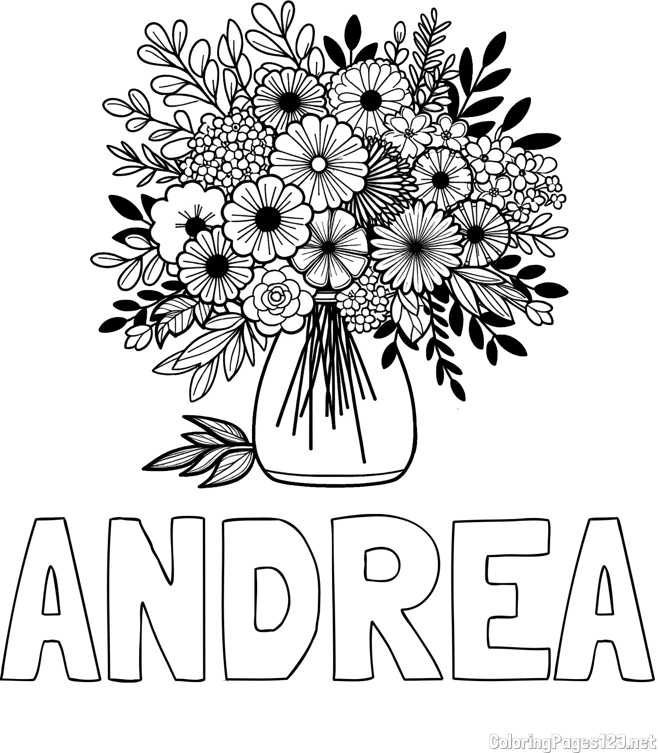 ANDREA Coloring Page and Flower Bouquet Coloring Page