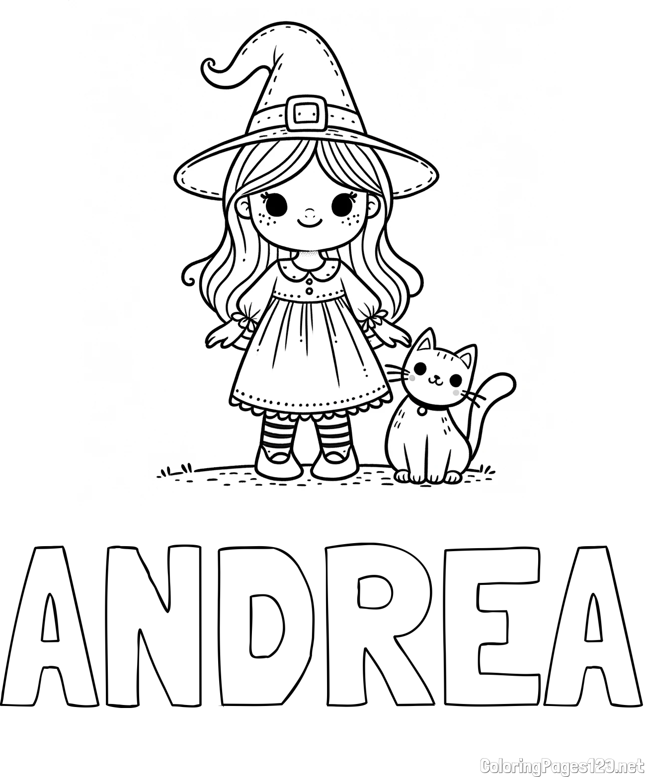 ANDREA Coloring Page and Wonderful Coloring Page of a Cute Witch and a Smiling Cat