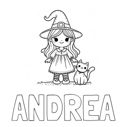 Online Created Coloring Page - ANDREA Coloring Page and Wonderful Coloring Page of a Cute Witch and a Smiling Cat