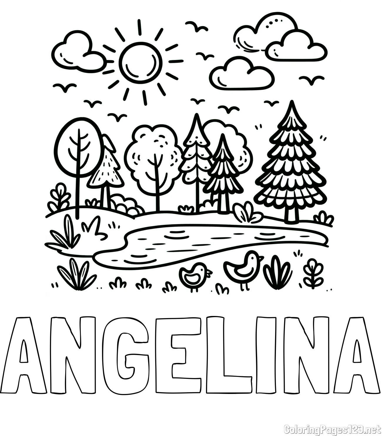 ANGELINA Coloring Page and Summer Coloring Page - Pond, Ducks and Forest