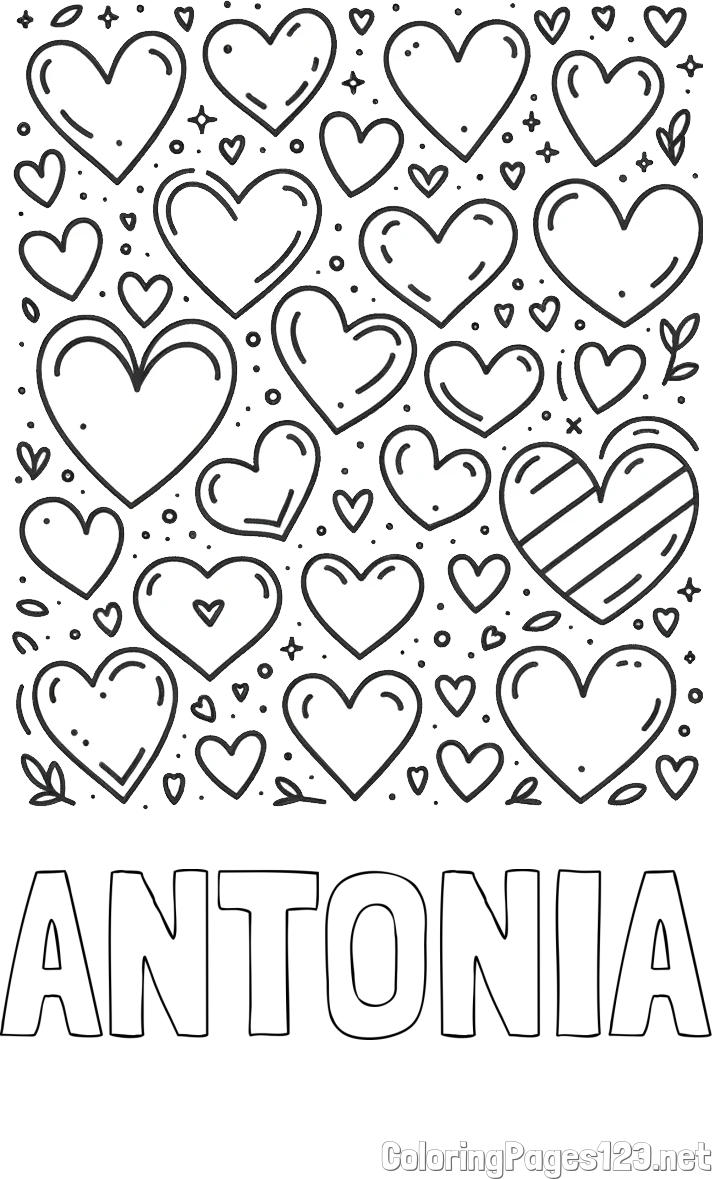 ANTONIA Coloring Page and Children's Coloring Page of Many Hearts