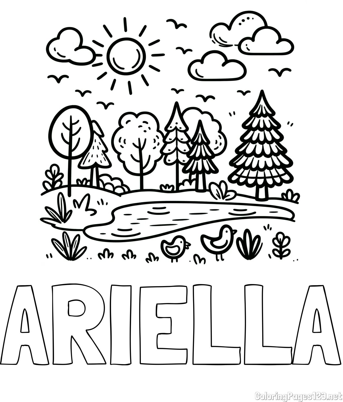 ARIELLA Coloring Page and Summer Coloring Page - Pond, Ducks and Forest