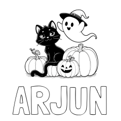 Online Created Coloring Page - ARJUN Coloring Page and Halloween Pumpkin Coloring Page for Kids - Happy Cat, Ghost, and Pumpkins