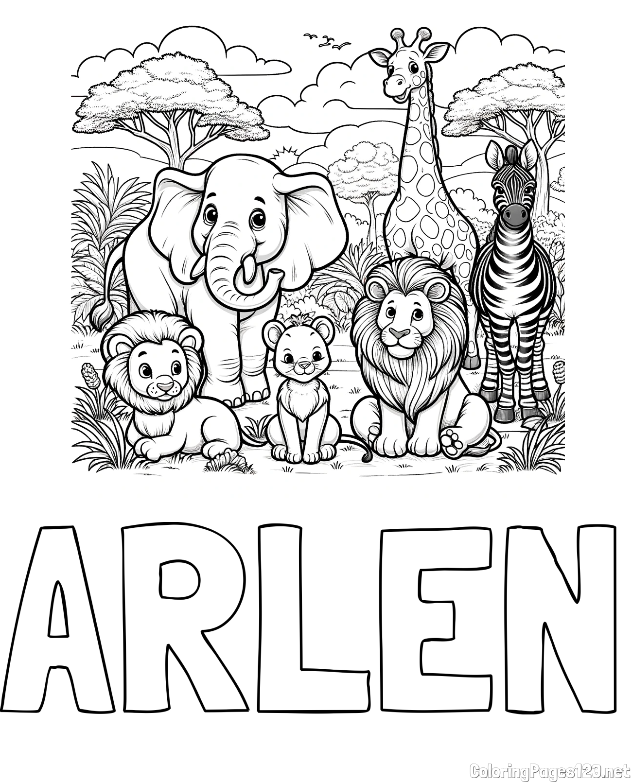 ARLEN Coloring Page and Beautiful Animal Coloring Page - Lion Family, Elephant, Giraffe, and Zebra