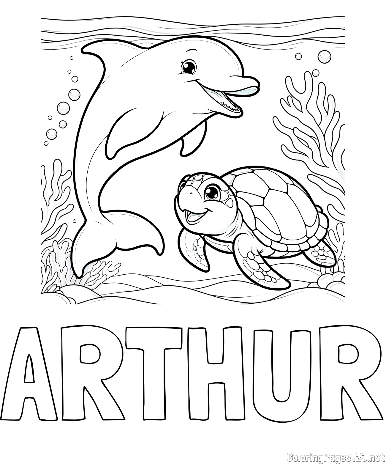 ARTHUR Coloring Page and Coloring Book of a Cute Dolphin with a Turtle in the Sea