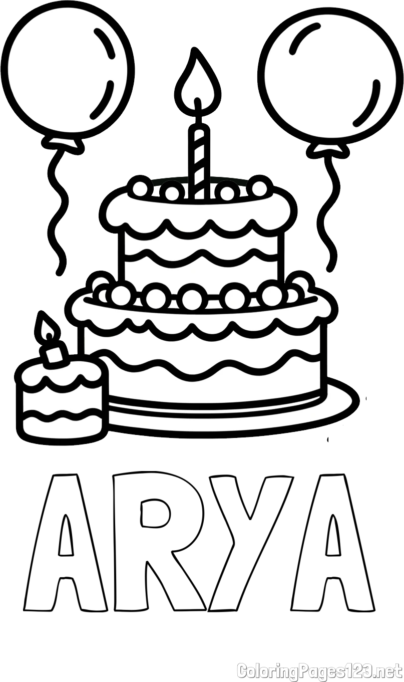 ARYA Coloring Page and Birthday Cake Coloring Page with Balloons