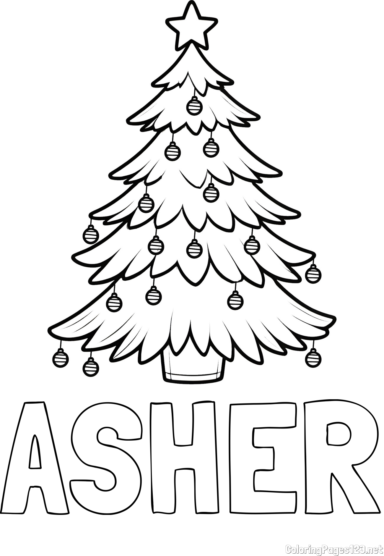 ASHER Coloring Page and Christmas Tree with Star and Ornaments Coloring Page