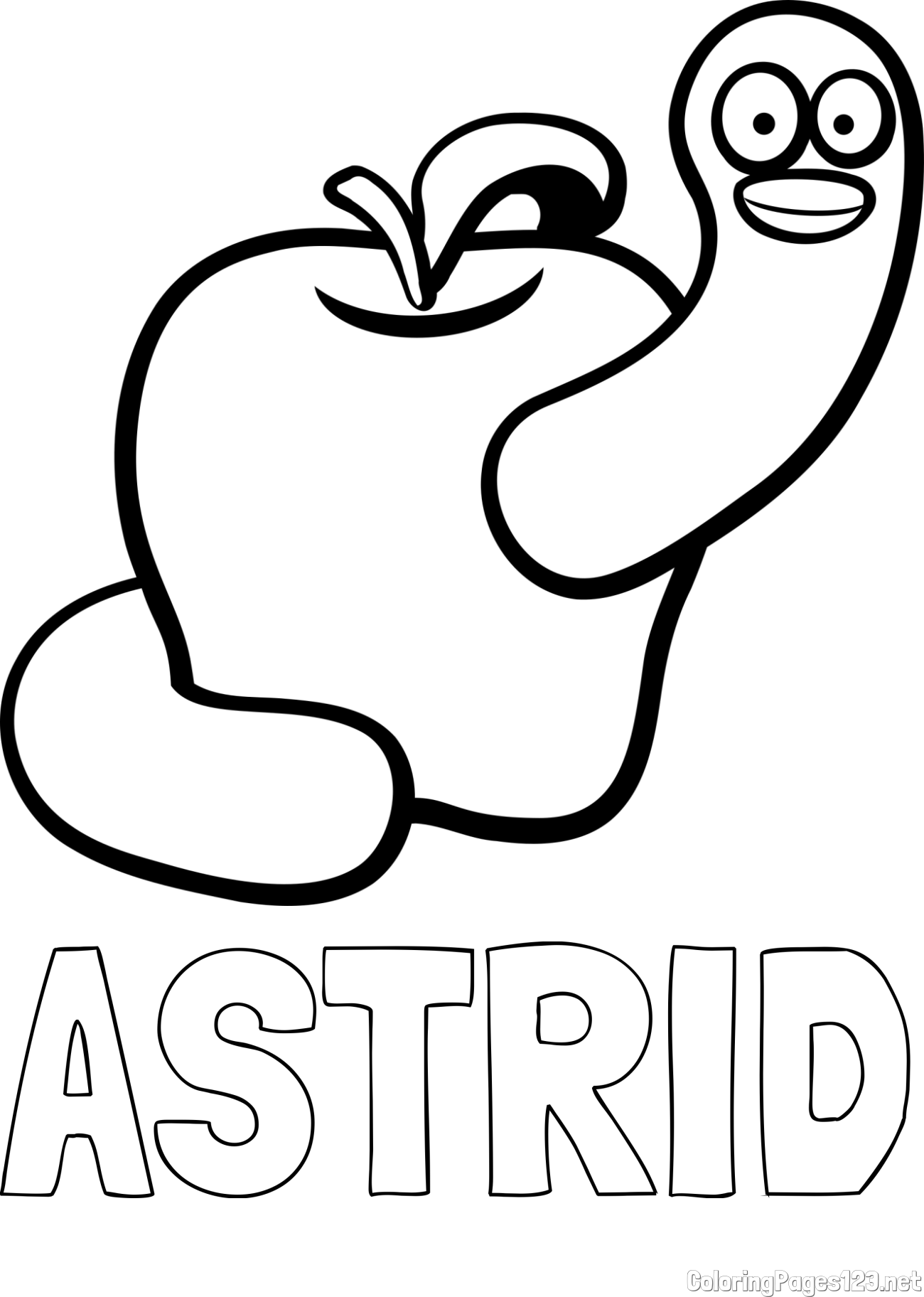 ASTRID Coloring Page and Apple and Smiling Worm Coloring Page