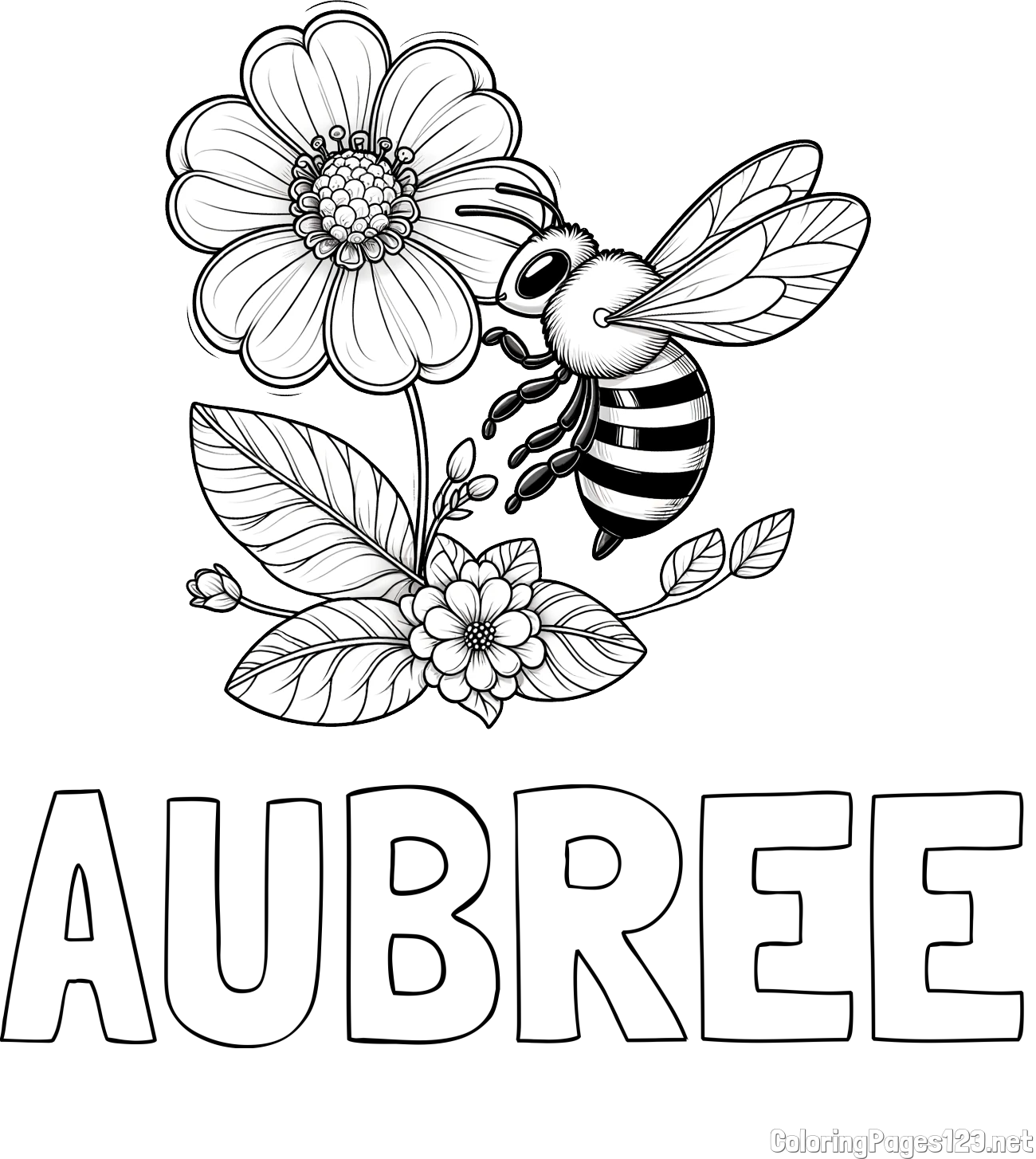AUBREE Coloring Page and Children's Coloring Book of a Little Bee and Flowers