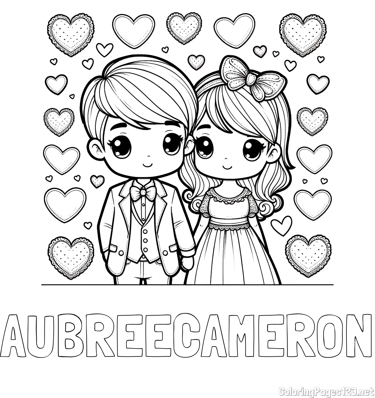 AUBREECAMERON Coloring Page and Coloring Page of a Couple Surrounded by Hearts