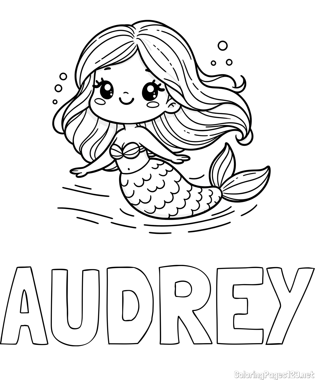 AUDREY Coloring Page and Coloring Page of a Cute Mermaid