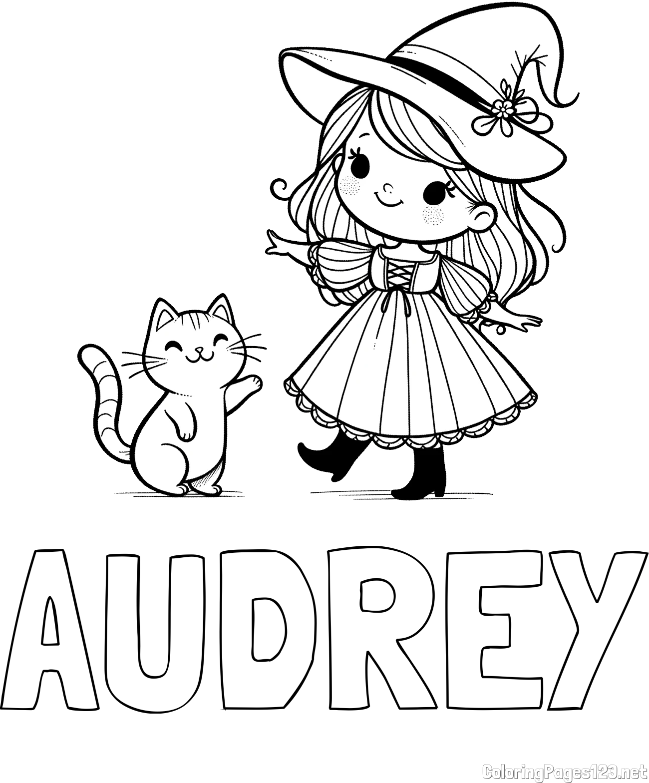 AUDREY Coloring Page and Coloring Page of a Cute Witch and a Subordinate Cat