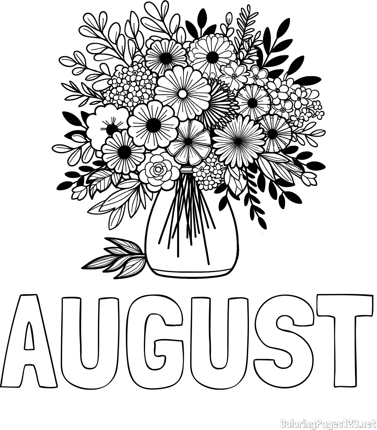 AUGUST Coloring Page and Flower Bouquet Coloring Page