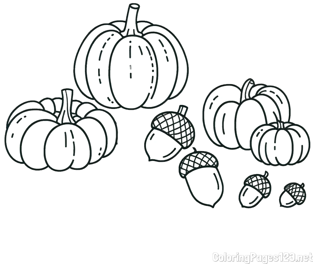 Autumn Harvest Coloring Page - Acorns and Pumpkins